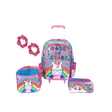 Imagem de Kit mochila de rodinhas unicórnio escolar infantil meninas brilho moda