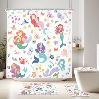 Imagem de LGhtyro Conjunto de 4 peças de cortinas de chuveiro fofas com tapetes, capa de tampa de vaso sanitário e tapete de banho, lindos acessórios de banho artísticos para decoração de casa de banho, pacote