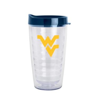 Imagem de Logo Brands Copo transparente de parede dupla NCAA West Virginia Mountaineers de 473 ml – Serve na maioria dos porta-copos, feito nos EUA, tampa resistente a derramamentos, livre de BPA – ótimo para