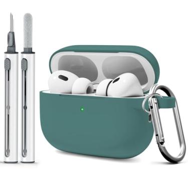 Imagem de WOYINGE Capa para AirPod Pro com kit de limpeza, capa de silicone macio para AirPods Pro 2ª geração/1ª geração vem com chaveiro para mulheres e homens, adequada para capa de 2ª geração verde pinho