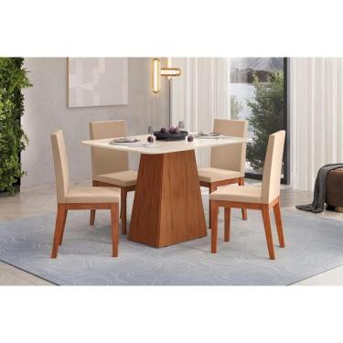 Imagem de Conjunto: Mesa de Cozinha Dulce c/ Tampo Madeirado c/ Vidro Reto 120x90cm e 4 Cadeiras Suzy Freijo/Off White - Suede Creme - DJ Móveis