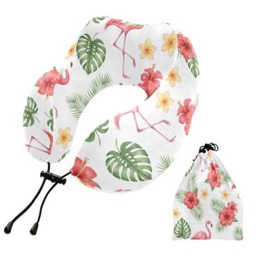 Imagem de Burbuja Almofada de pescoço de flamingo de flor tropical para viagem, almofada de viagem de espuma viscoelástica para dormir, suporte de cabeça de avião de carro, lavável na máquina e portátil