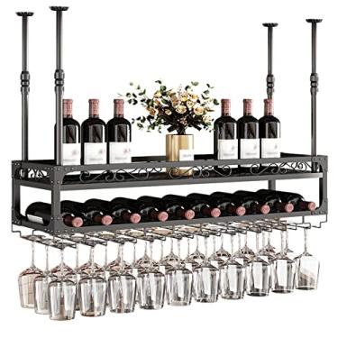 Imagem de Suporte de teto para copos de vinho com altura ajustável e prateleira de 2 camadas Suporte de garrafa de vinho industrial para bar café cozinha rack de vinho de metal preto, 100 x 30 cm