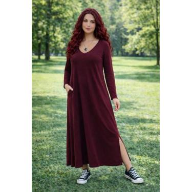 Imagem de Vestido Gola V Manga Longa com Bolso - modanascimento, Vinho, P