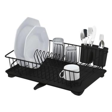 Imagem de Escorredor de Louça Porta Talheres Prato Copos Com Bandeja Preto Fosco