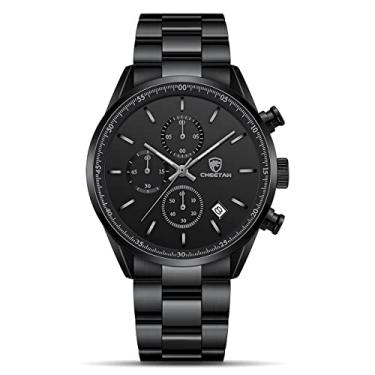 Imagem de CHEETAH Relógios masculinos modernos de negócios com pulseira de aço inoxidável ou couro à prova d'água, cronógrafo de quartzo, para homens com data automática, Preto, cinza brilhante