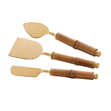 Imagem de CJ 3PC AÇO INOX P/QUEIJO C/CABO BAMBU DOURADO