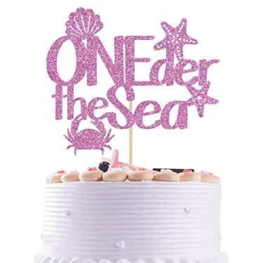 Imagem de Topo de bolo Oneder the Sea Decorações de bolo sob o mar, decoração de aniversário de 1 ano de bebê, fonte de festa de aniversário de sereia glitter rosa