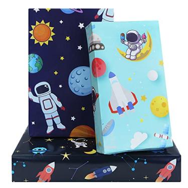 Imagem de Papel de embrulho de aniversário 6 folhas de embrulho para presente 51 x 76 cm por folha (plano dobrado 6 folhas em 3 desenhos: 26 pés quadrados), padrão astronauta sistema solar planetas foguete