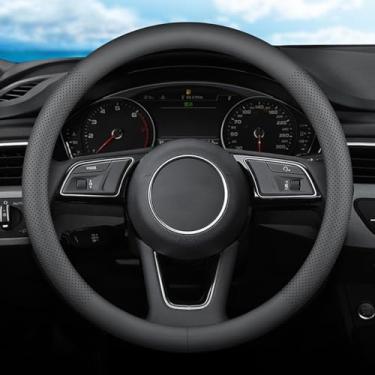 Imagem de XHRING Capa de volante de carro para Infiniti Q50 G37 QX60 QX50 QX80 Q60 FX FX35 G35 G37X Q70 QX56 QX30 Q45 EX Q40 QX30 QX70 G20 I35 JX M QX G 35 Acessórios, Couro preto 35,5 cm a 38,5 cm (14