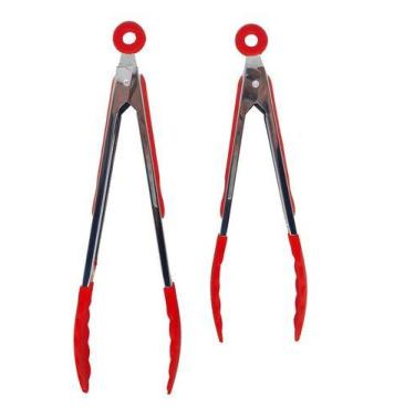 Imagem de Kit 2 Pegadores Silicone E Inox Vermelho P/ Salada Churrasco 26+34cm M