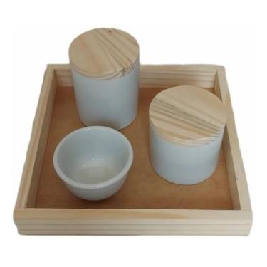 Imagem de Kit Higiene Bebê Porcelana 4 peças Potes com Tampa Madeira Bandeja Mad