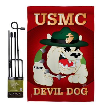 Imagem de Bandeira de jardim de cachorro diabo - Conjunto com suporte das forças armadas Corpo de fuzileiros navais USMC Semper Fi United State American Military Veteran Retire oficial - Banner de casa pequeno presente de quintal duplo face 13 X 18,5