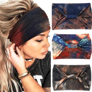 Imagem de Gortin Pacote com 3 faixas boho largas estilo africano turbante cabeça bandanas leopardo elástico com nó, faixa de cabelo Yaga elástica para uso ao ar livre, acessório de cabelo moderno