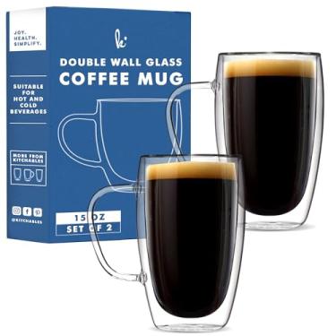 Imagem de Kitchables Conjunto de 2 canecas de café de vidro de parede dupla, 425 g - Canecas de café de vidro isolado para cappuccino, latte, chá, café expresso - xícara de latte - Tazas Para Cafe