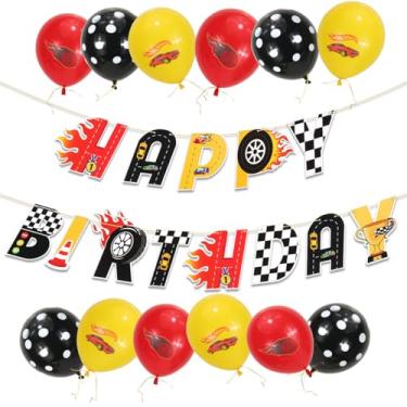 Imagem de MDLLDM Artigos de festa de aniversário de carro de corrida, balões de carro de corrida, faixa de feliz aniversário para festa temática de carro de corrida decoração de festa meninos meninas crianças