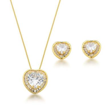 Imagem de Conjunto Colar e Brincos Coração cravejado Banhado a Ouro 18k - Atrakt