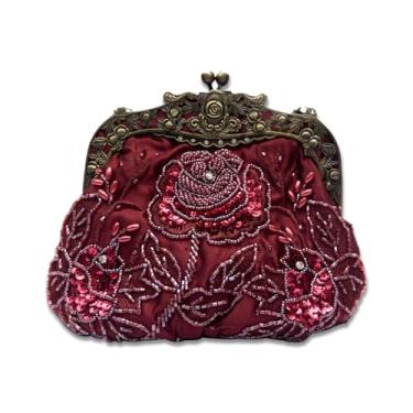 Imagem de CORIOS Bolsa vintage de 1920 com contas para noite com pérolas, bolsa de mão feminina de casamento com lantejoulas e strass, Vinho tinto, Large