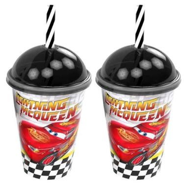 Imagem de 2 Copos com Canudo e Tampa Estampa do Carros Relâmpago Mcqueen 280ml P