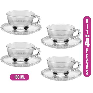 Imagem de Jogo de Xicaras Para Chá Café de Cristal Com Pires Caneca Decorada com Bolinhas Transpa...