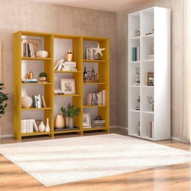 Imagem de Kit com 1 Estante Livreiro 11 Nichos Odelia e 2 Estantes Modulares 5 Nichos Liverpool Freijó/Branco