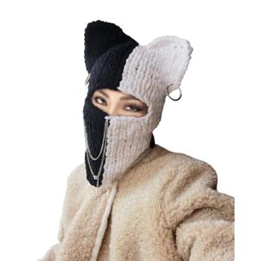 Imagem de Máscara de esqui de malha gorro de crochê máscara facial, chapéu de orelha de gato de coelho engraçado 3D para mulheres homens meninas para o Natal, Gato preto e branco, M
