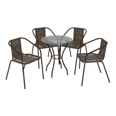 Imagem de Conjunto Para Jardim Com Mesa Vidro 60cm E 4 Cadeiras Junco Sintético Multimóveis Cr8008 Café Mesclado