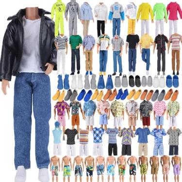 Imagem de E-TING Pacote fantástico com 10 itens = 5 conjuntos de roupas casuais fashion com 5 pares de sapatos para meninos boneca estilo aleatório (jaqueta de couro + roupas casuais + roupa de banho)