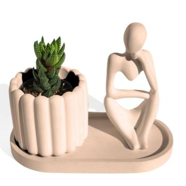 Imagem de Conjunto Decorativo 3 Peças Estátua Pensadora Vaso Tulipa E Bandeja Palha