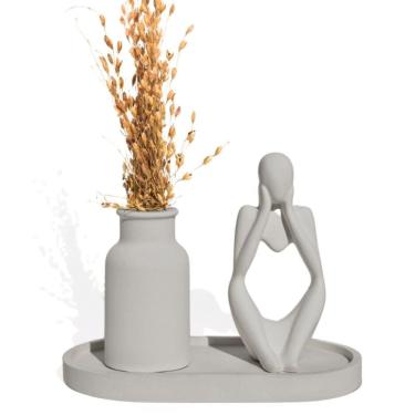 Imagem de Conjunto Decorativo 3 Peças Estátua Pensadora Garrafa Lisa Bandeja Cinza
