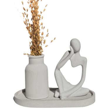 Imagem de Conjunto Decorativo 3 Peças Estátua Pensadora Garrafa Lisa Bandeja Cinza