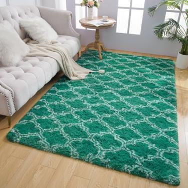 Imagem de Tapete felpudo macio de 1,5 x 2,3 m para quarto, tapetes geométricos modernos verdes e brancos para sala de estar, berçário, tapete fofo para decoração de casa aconchegante
