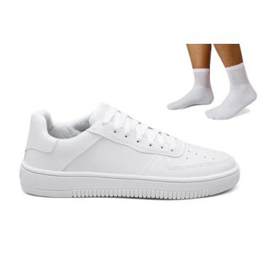 Imagem de Kit Tênis Branco Masculino Casual + Meia Cano Longo Algodão - Obstinat