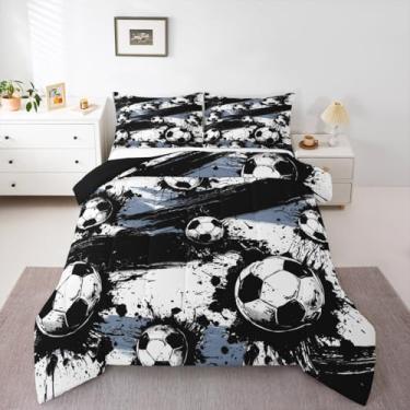 Imagem de jejeloiu Conjunto de edredom esportivo de rúgbi, tamanho casal, para crianças, meninos, meninas, arte graffiti, decoração de quarto, microfibra, 3 peças com 2 fronhas