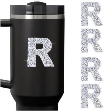 Imagem de LUHOHI 4 peças de adesivos de letra inicial de strass brilhante, alfabeto grande com glitter personalizado, nome do monograma, decalques brilhantes para garrafas Stanley Cup, boné de formatura