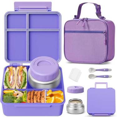 Imagem de Lancheira infantil Bento com garrafa térmica, à prova de vazamento, com pote de comida isolado de 255 g, lancheira e utensílios, recipiente de 3 ou 4 compartimentos para meninas e meninos