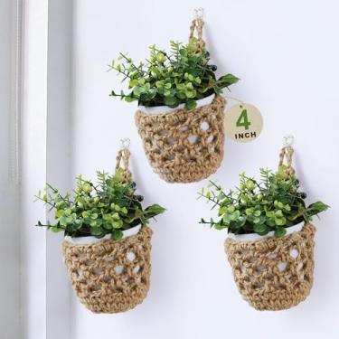 Imagem de Shineloha 3PK Plantadores de parede para plantas de interior + vasos de plantas auto-irrigáveis (11 cm), cabide de macramê | Plantador de parede, cabide de plantas, vaso suspenso (pacote com 3, juta)