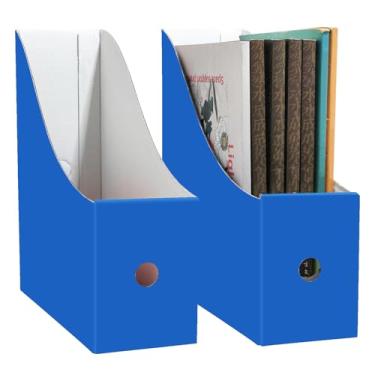 Imagem de Limitliho Pacote com 2 porta-arquivos de papelão para mesa, caixas de livros azuis para biblioteca de sala de aula, escritório ou casa, caixas de papel verticais para armazenamento com etiqueta (27 cm