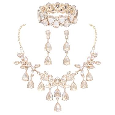 Imagem de Oriamour Conjunto de joias de noiva de cristal, conjunto de joias de casamento com strass de ouro, colar de declaração, brincos, pulseira, bijuteria para festas de formatura e casamento