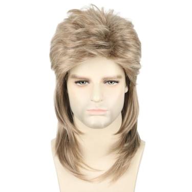 Imagem de Topcosplay Peruca masculina Mullet dos anos 80, longa, ondulada, marrom claro, para festa à fantasia