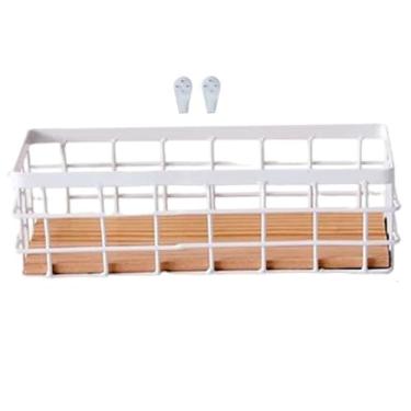Imagem de Cestas suspensas para organização, cesta de arame de ferro de 10 x 7 x 25 cm com base de madeira e ganchos, organizador de parede multifuncional para casa, escritório, loja...