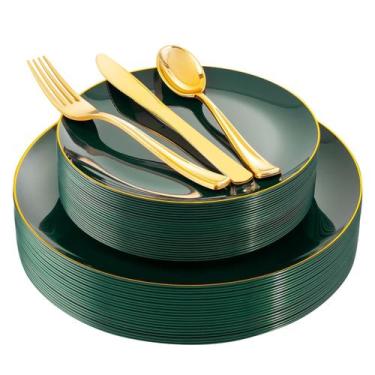 Imagem de Pratos de plástico YOUBET Green com borda dourada 125 unidades para 25