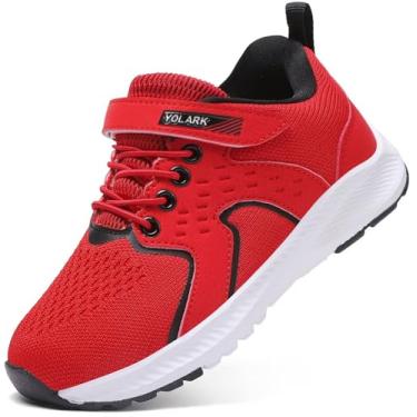 Imagem de YOLARK Tênis infantil para meninos e meninas, tênis de corrida, antiderrapante, caminhada, caminhada, leve, respirável, esportivo, atlético, Preto/vermelho, 11 Little Kid