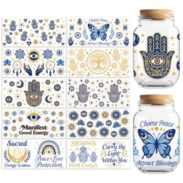 Imagem de Peacoblue Adesivos de transferência UV DTF para copos Christian Hamsa Mãos e Olho turco, 10 folhas à prova d'água adesivo de transferência de vinil personalizado 473 ml copo de café copo copo caneca