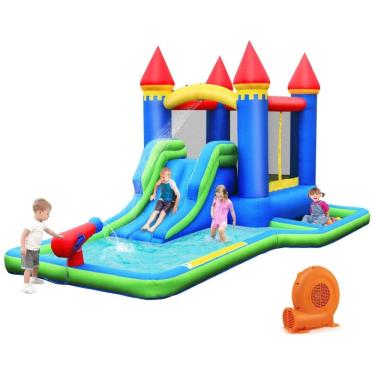 Imagem de Parque Aquático Inflável BOUNTECH 3 em 1: Piscina de Bolinhas, Escorregador e Pula-Pula, com Soprador 550w GFCI para Diversão no Quintal das