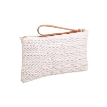 Imagem de Carteiras de pulso para mulheres, bolsa clutch de palha boêmia verão praia bolsa de viagem, Bege- Branco