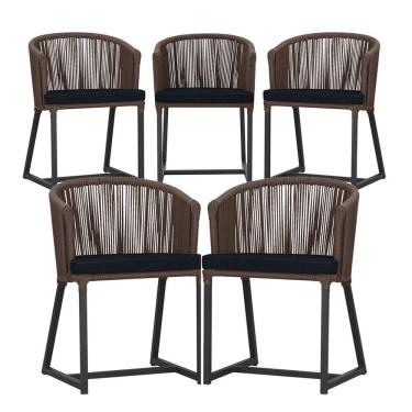 Imagem de 5 Cadeiras De Jantar Noronha Preta Corda Náutica E12 Trama Marrom