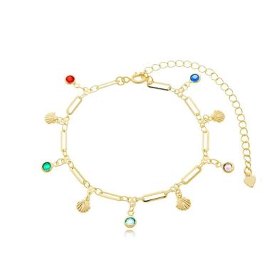 Imagem de Tornozeleira Feminina Pingentes Coloridos E Conchas ? Banhada A Ouro 18k | Antialérgica
