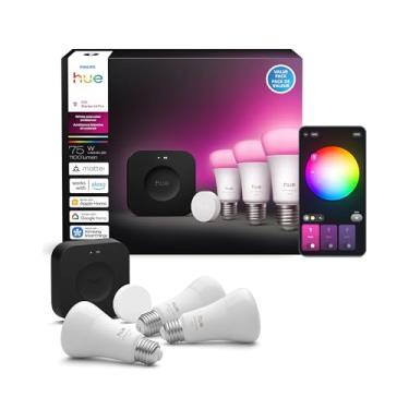 Imagem de Philips Hue Kit iniciante: Bridge Pro + 3 lâmpadas inteligentes A19 E26 + botão, ambiente branco e colorido, hub de luz inteligente, funciona com Apple Home, Alexa, Google, Samsung SmartThings