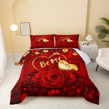 Imagem de QOOMO Conjunto de cama infantil, rosa vermelha, estampa de plantas, para decoração de quarto de meninos, meninas e adolescentes, macio e leve, todas as estações, 1 edredom e 2 fronhas